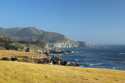 Scenic view of sea against clear blue sky