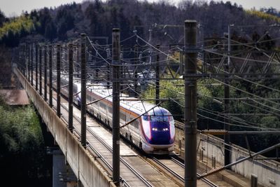 High angle view of train on railroad track against sky