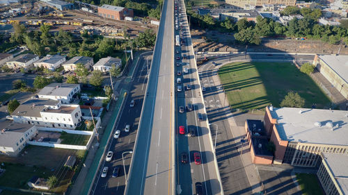 High angle view of traffic on road in city