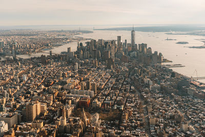 High angle view of modern buildings in city