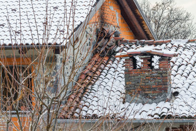 Low angle view of snow on roof against sky