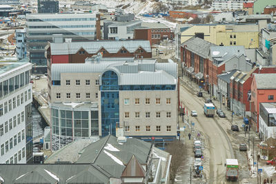 High angle view of buildings in city