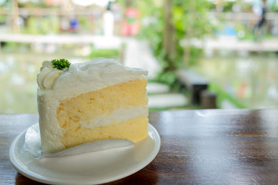 Close-up of cake in plate on table