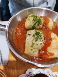 High angle view of soup in bowl