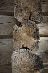 Wooden logs of an old house. close-up. weathered natural gray wood texture. background. 