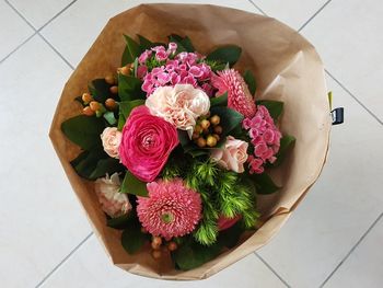 High angle view of rose bouquet on table