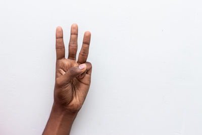 Close-up of human hand against white background