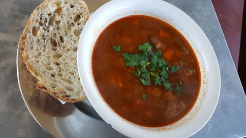 High angle view of soup in bowl on table