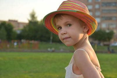 Portrait of cute girl wearing hat