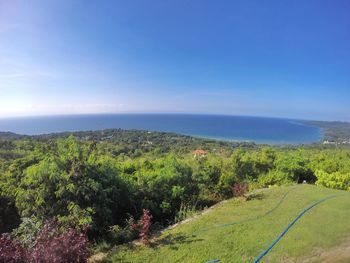 Scenic view of sea against clear blue sky