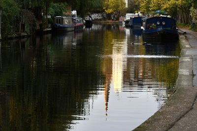 Boats moored in lake