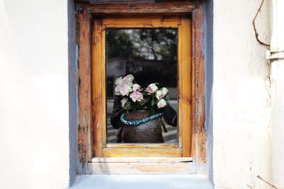 Flowers in vase seen through window