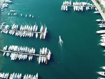 High angle view of ship moored in sea