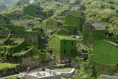 High angle view of people outside building