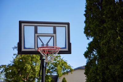 Low angle view of basketball hoop against clear blue sky