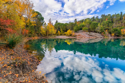 Scenic view of lake against sky during autumn