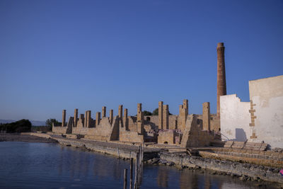 Panoramic shot of buildings against clear blue sky