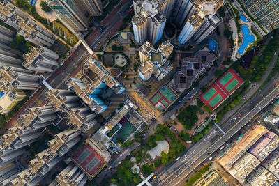 Arial view of modern buildings and road in city