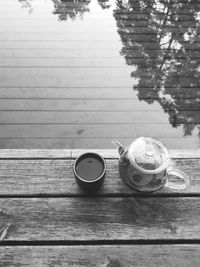 High angle view of coffee cup on table