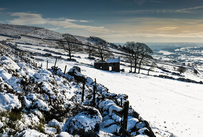 Snow covered field against sky