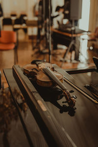 Close-up of violin on table