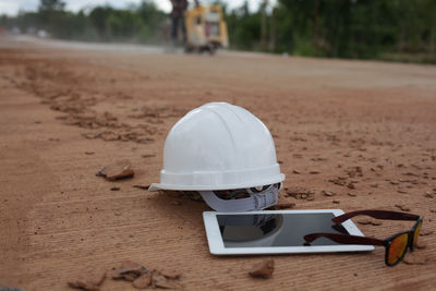High angle view of hat on sand at beach