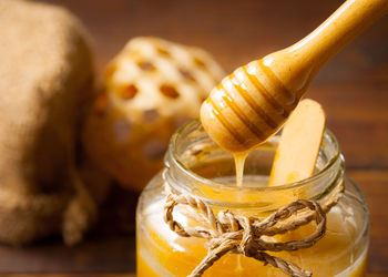 Close-up of drink in jar on table