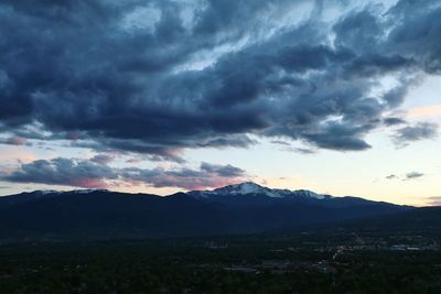 Scenic view of mountains against cloudy sky