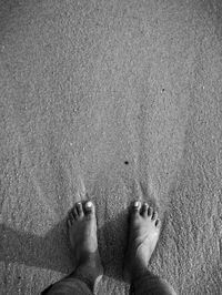 Low section of man standing on wet sand at beach