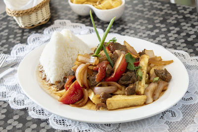 High angle view of food in plate on table