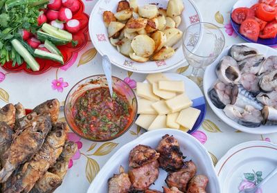 High angle view of food on table