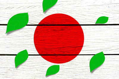 Digital composite image of japanese flag painted on wooden table with leaves