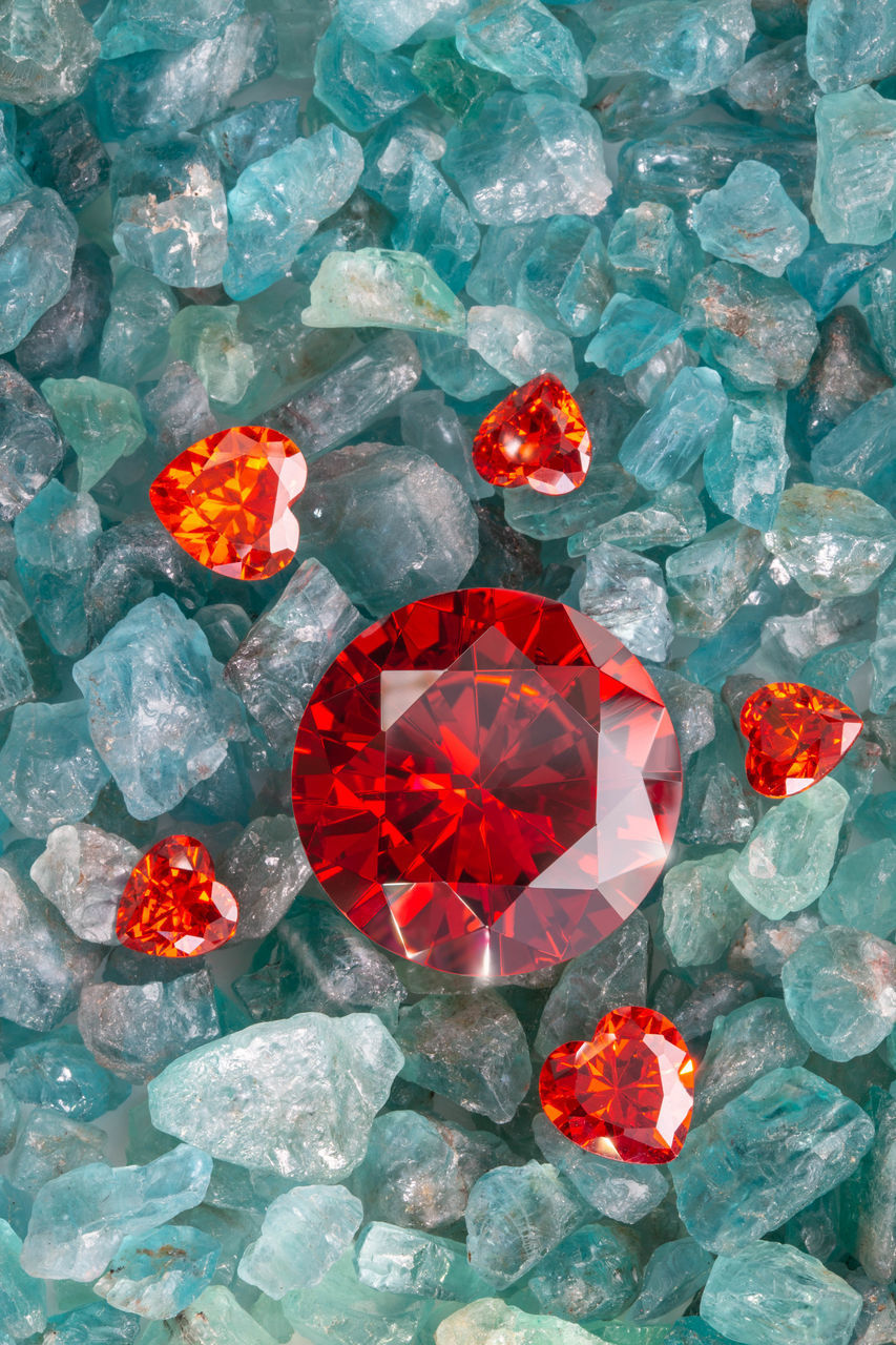 HIGH ANGLE VIEW OF RED FLOWERS AND PEBBLES ON ROCKS