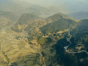 High angle view of land and mountains