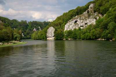 Scenic view of river by trees against sky