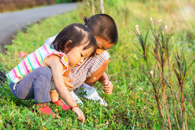 Siblings playing while crouching on grass