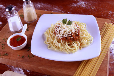 High angle view of food in plate on table