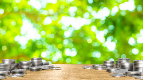 Close-up of coins on table