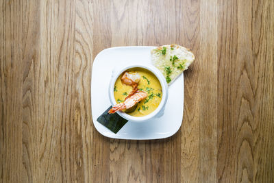 High angle view of breakfast served on table