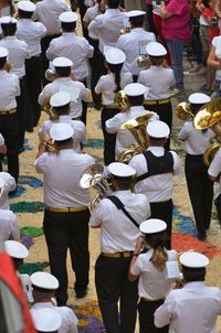 Orchestra playing music in the decorated street