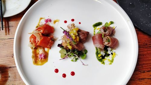 High angle view of meal served on table