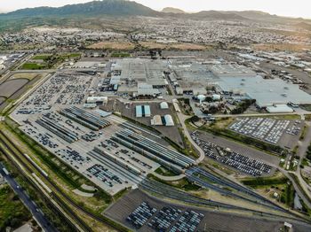 High angle view of buildings in city, motor, vehicle 