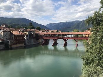 Bridge over river against mountain