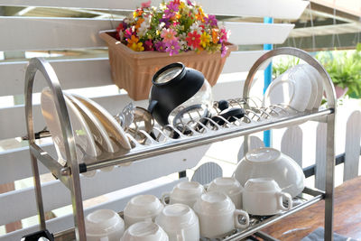 Close-up of white flower pots