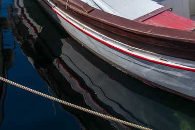 High angle view of fishing boats moored in lake