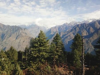 Panoramic view of trees and mountains against sky