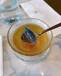 High angle view of dessert in glass on table