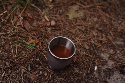 High angle view of drink glass on field