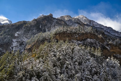 Low angle view of rocky mountains against sky