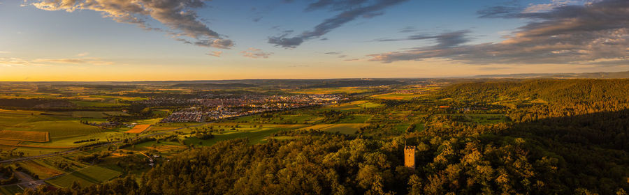 High angle view of townscape against sky during sunset